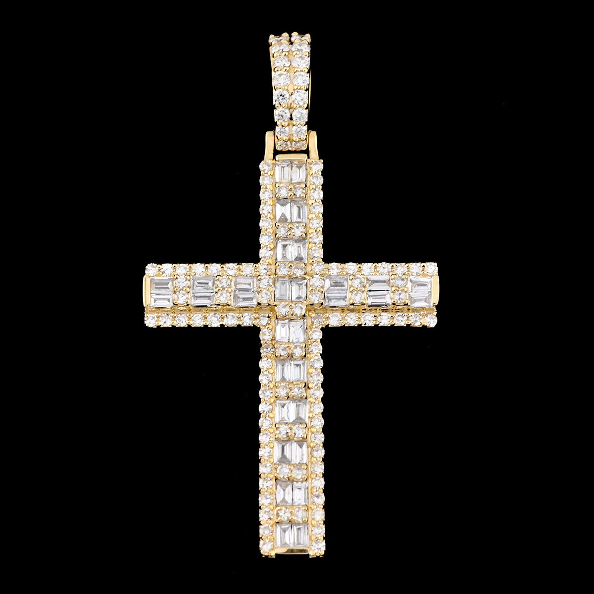 10k Yellow Gold 1.8CT Lab Grown Diamond Round/Baguette Cross Pendant 6.1g Charm