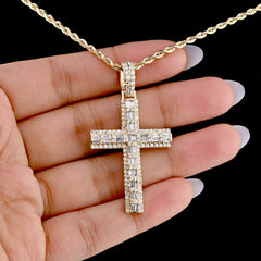 10k Yellow Gold 1.8CT Lab Grown Diamond Round/Baguette Cross Pendant 6.1g Charm
