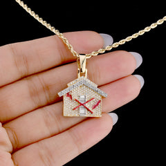 10k Yellow Gold 0.9CT Natural Round/Baguette Diamond Trap House Pendant Charm