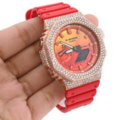 G-Shock GA-2100FL 7CTW Rose Natural Diamond Bezel Red Band Men Watch