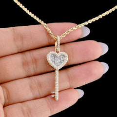 10k Yellow Gold 0.6CT Round/Baguette Diamond Heart Key Pendant 2.8g HipHop Charm
