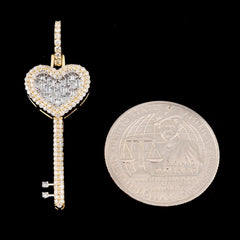 10k Yellow Gold 0.6CT Round/Baguette Diamond Heart Key Pendant 2.8g HipHop Charm