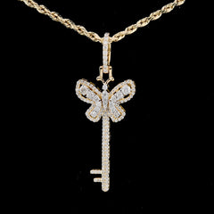 10k Yellow Gold 0.7CT Natural Diamond Key & Butterfly Pendant 2.7g HipHop Charm