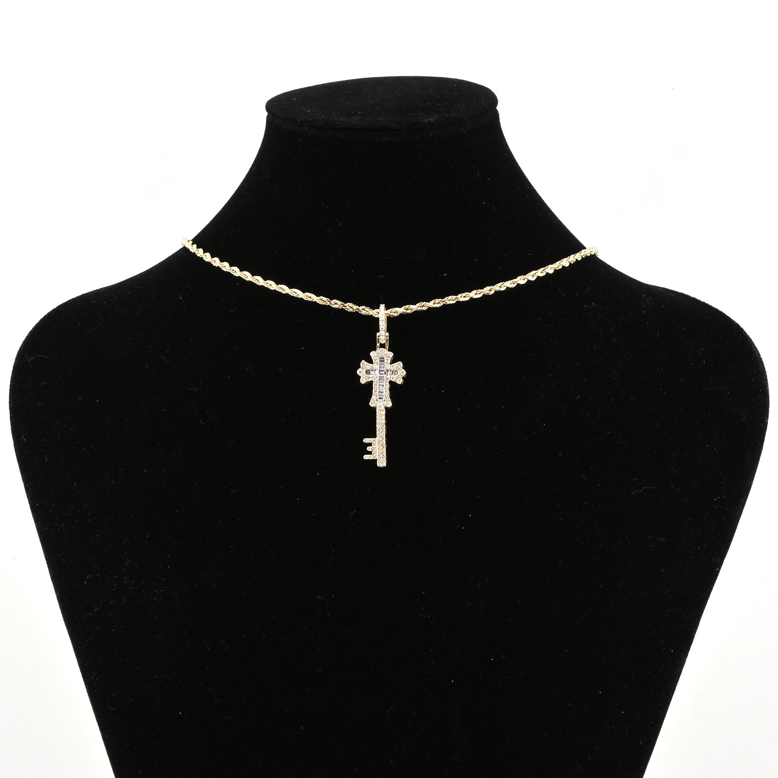 10k Yellow Gold 0.65CT Round/Baguette Diamond Cross & Key Pendant 2.8g Men Charm