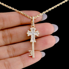 10k Yellow Gold 0.65CT Round/Baguette Diamond Cross & Key Pendant 2.8g Men Charm