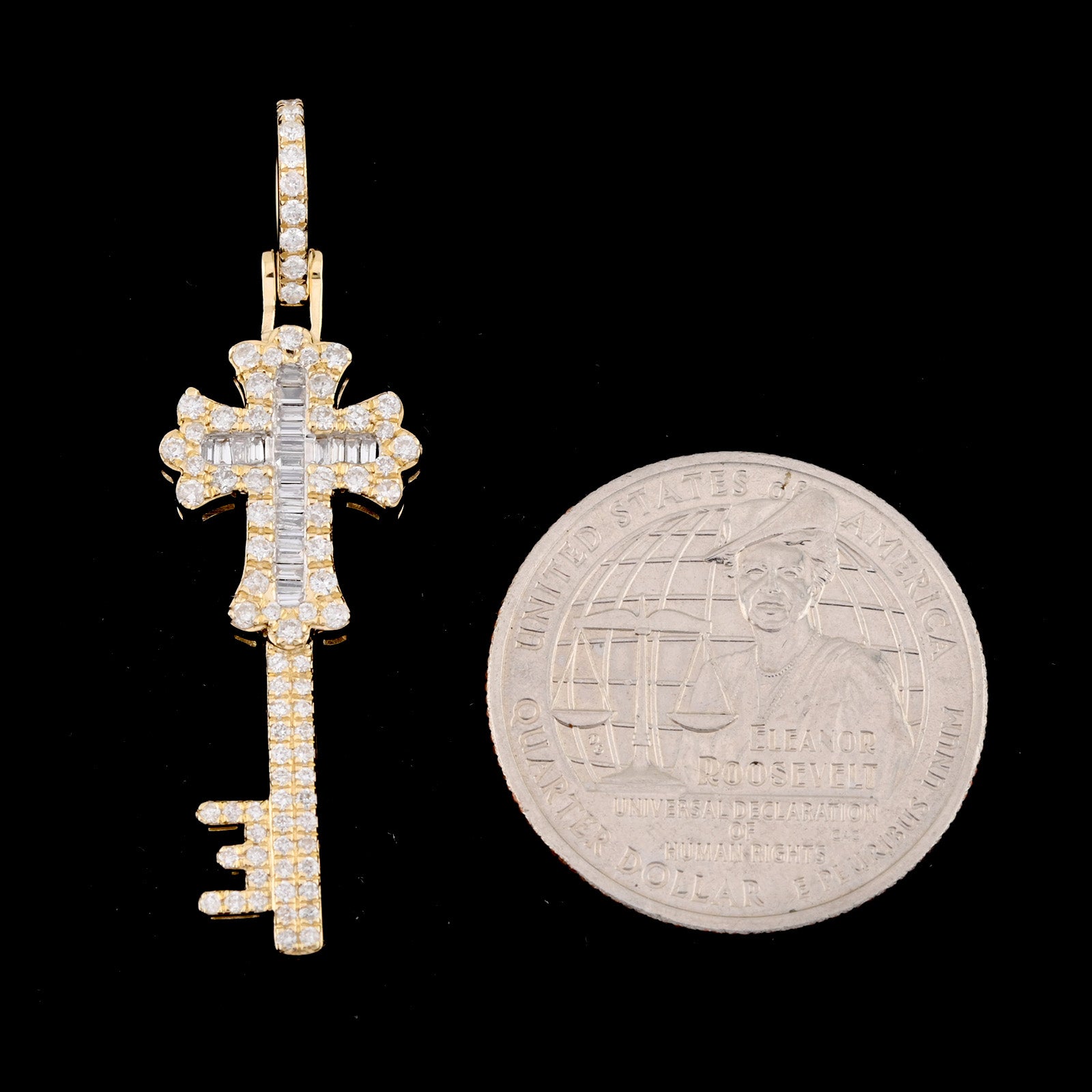 10k Yellow Gold 0.65CT Round/Baguette Diamond Cross & Key Pendant 2.8g Men Charm