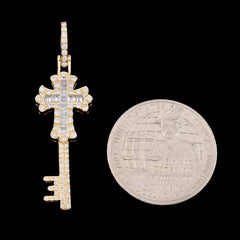 10k Yellow Gold 0.65CT Round/Baguette Diamond Cross & Key Pendant 2.8g Men Charm