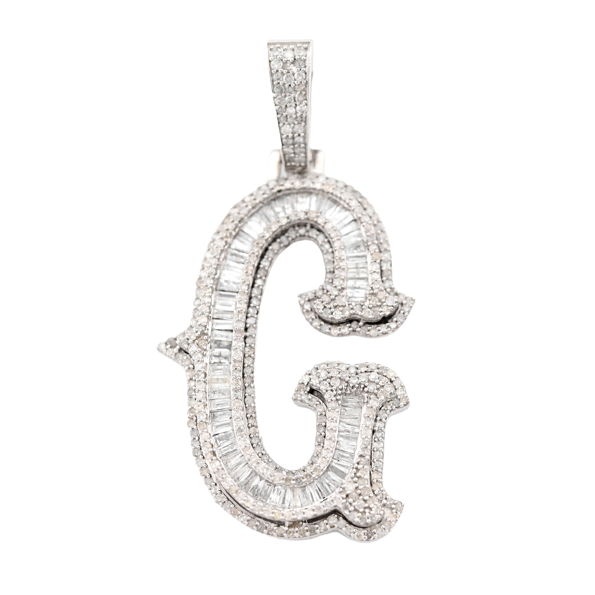 925 Silver 1.75CTW Natural Diamond Round/Baguette Initial "G" Pendant 8.5g Charm
