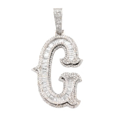 925 Silver 1.75CTW Natural Diamond Round/Baguette Initial "G" Pendant 8.5g Charm