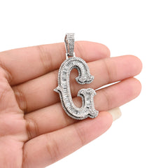 925 Silver 1.75CTW Natural Diamond Round/Baguette Initial "G" Pendant 8.5g Charm