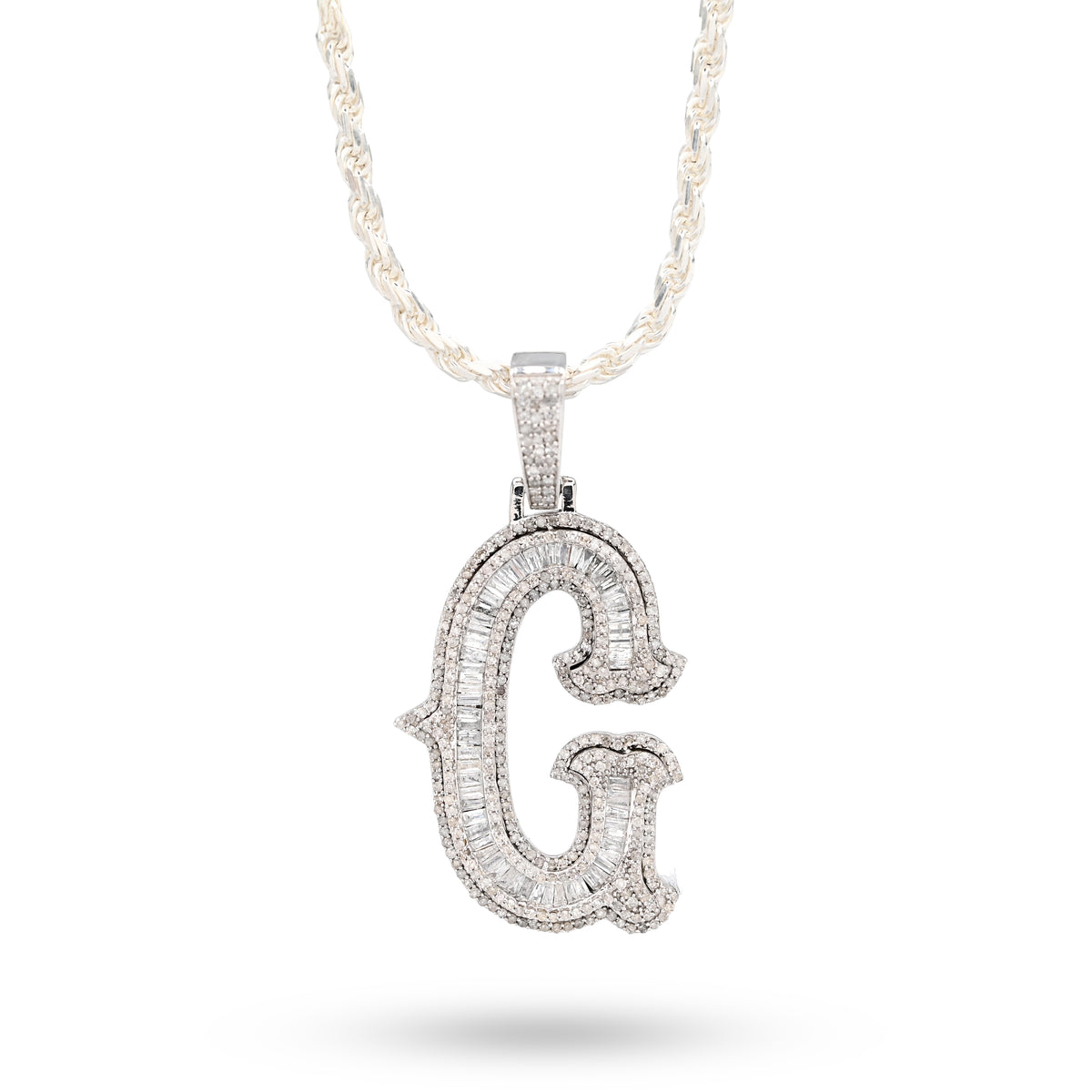 925 Silver 1.75CTW Natural Diamond Round/Baguette Initial "G" Pendant 8.5g Charm