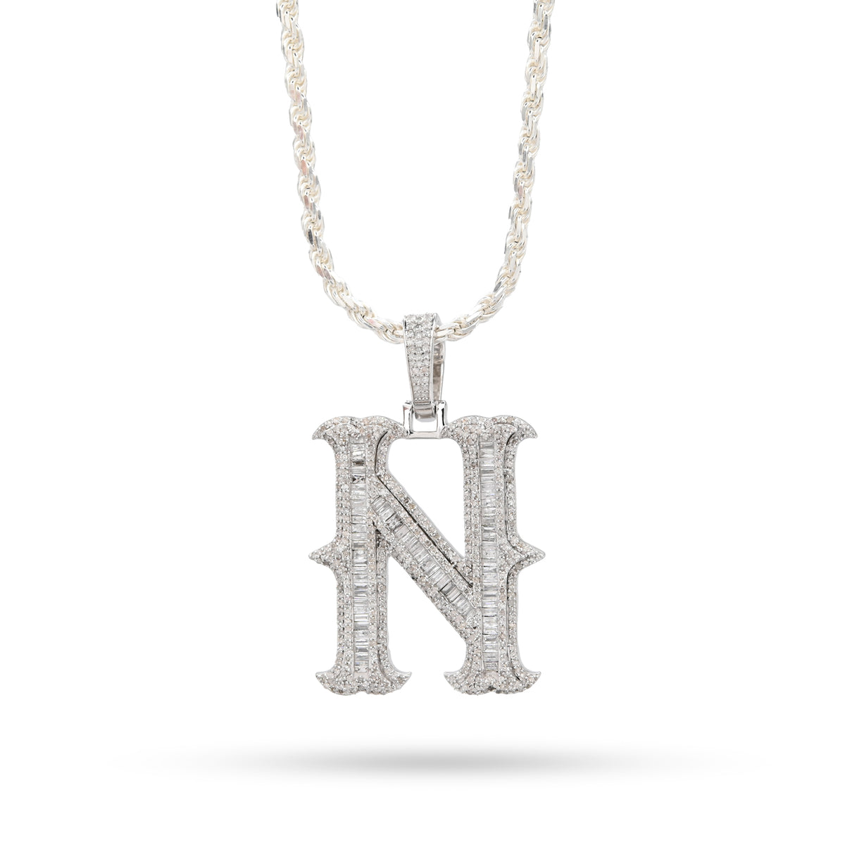 925 Silver 2 CTW Natural Diamond Round/Baguette Initial "N" Pendant 11.9g Charm