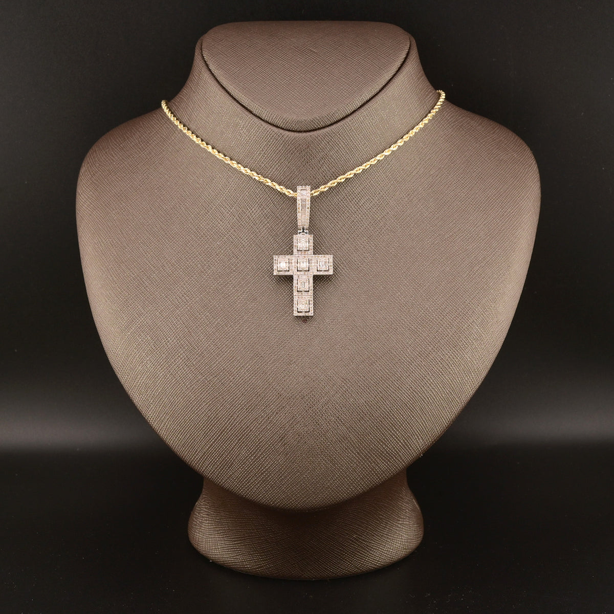 10k White Gold 2CTW Natural Round & Baguette Diamond Cross Pendant 6.4g Charm