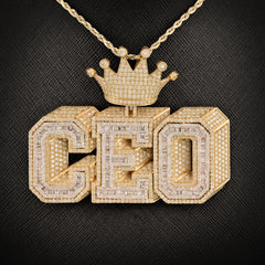 10k Yellow Gold 16CTW Round/Baguette Diamond CEO w/ Crown Bail Pendant 46.8gms
