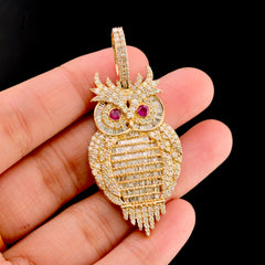 24MM 10k Yellow Gold 4.5CTW Natural Round/Baguette Diamond 13.2g Owl Pendant