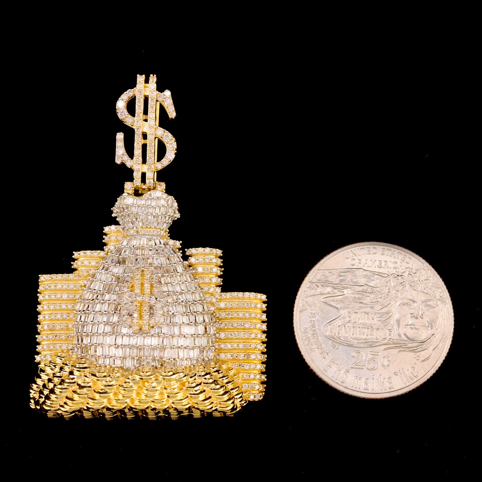 35MM 10k Yellow Gold 4.5CTW Natural Round/Baguette Diamond 20g Money Bag Charm