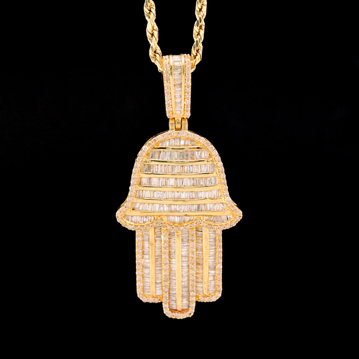 22MM 10k Yellow Gold 3.5CTW Natural Baguette Diamond 7.9g Hamsa Hand Pendant