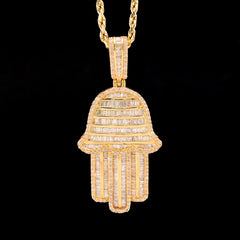 22MM 10k Yellow Gold 3.5CTW Natural Baguette Diamond 7.9g Hamsa Hand Pendant