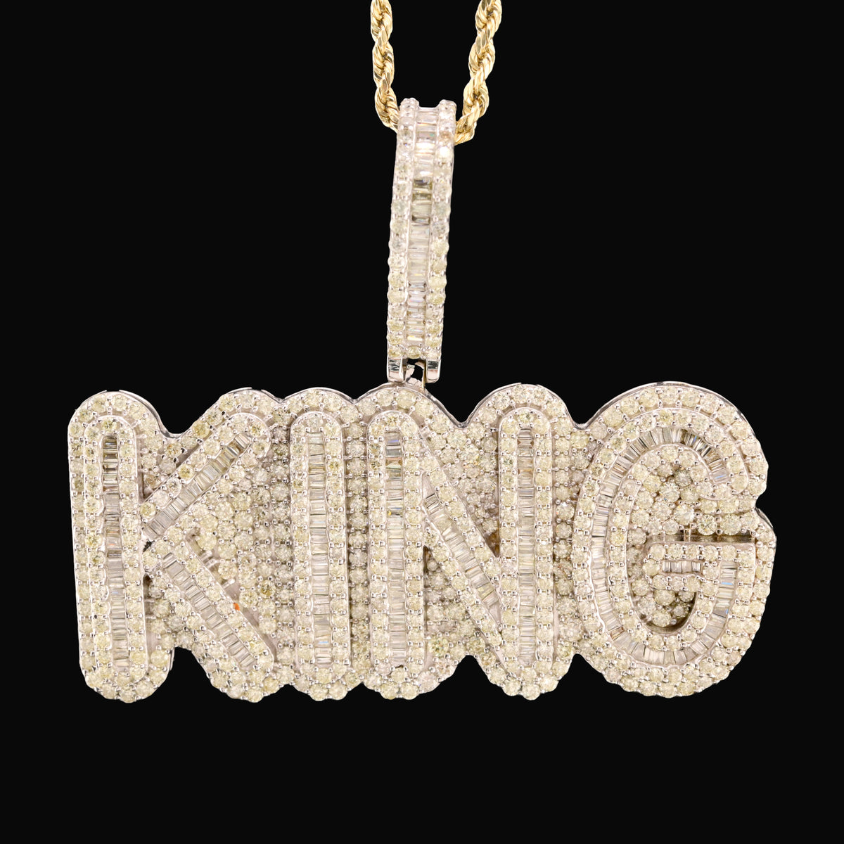 10k White Gold 10CTW Natural Round & Baguette Diamond "KING" Pendant 31.3g Charm