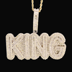 10k White Gold 10CTW Natural Round & Baguette Diamond "KING" Pendant 31.3g Charm