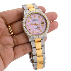Rolex Datejust 36MM SS/10k Gold 3CT Lab Diamond Bezel Oyster Pink Face Men Watch