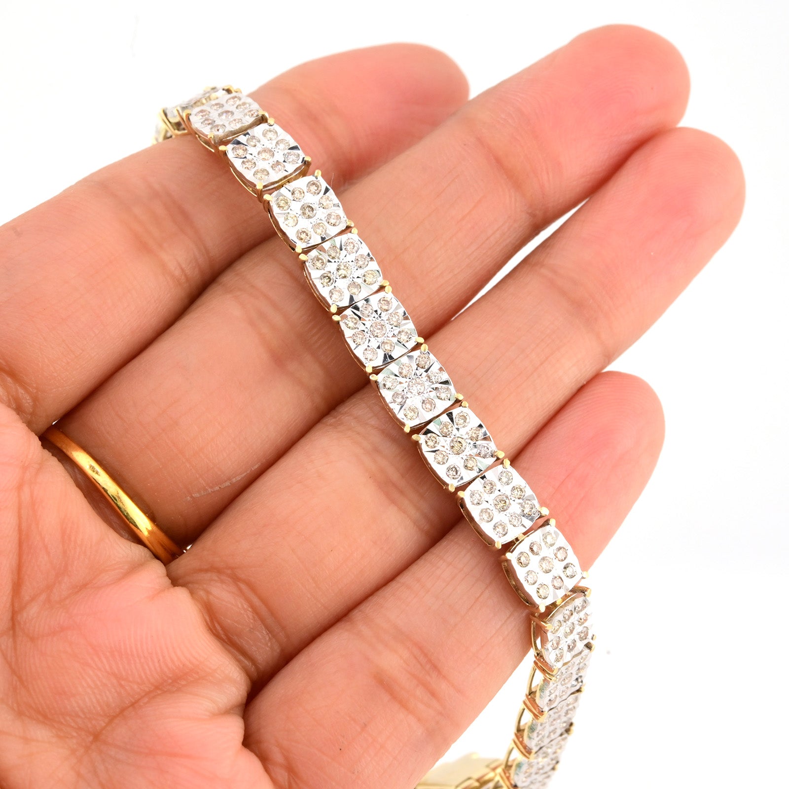 6MM 10k Yellow Gold 4CTW Pure Diamond Bracelet Square Fanouk 13.2gms Links 8Inch
