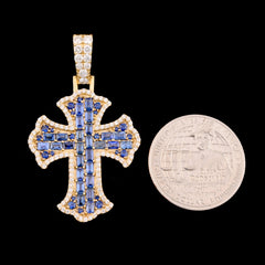 10k Yellow Gold Cross With Blue Lab Diamonds Round/Baguette Pendant 11.1g Charm