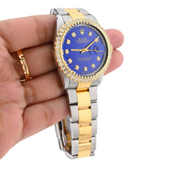Mens Rolex Datejust 36MM Oyster SS/10k Gold 2CTW Diamond Bezel Blue Face Watch