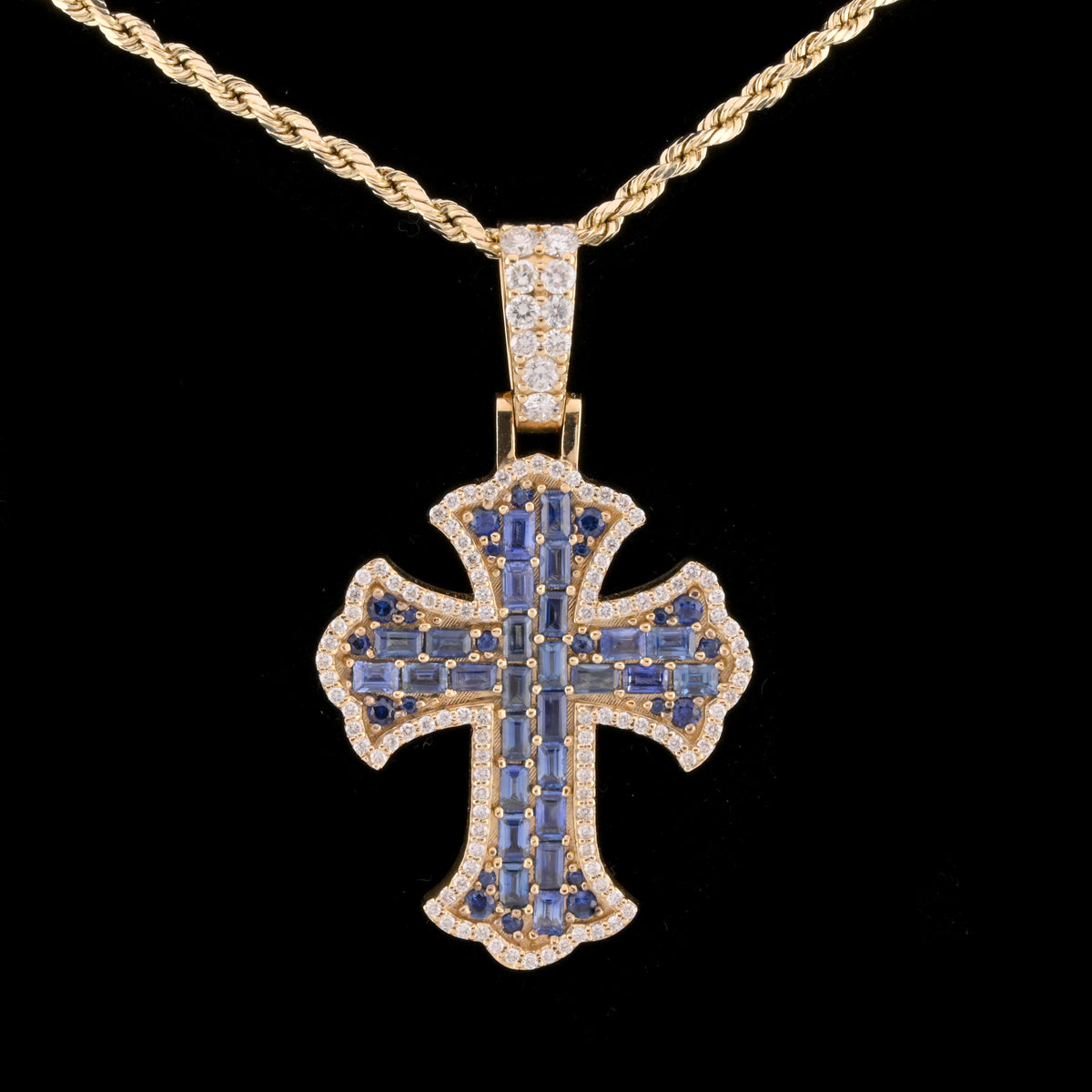 10k Yellow Gold Cross With Blue Lab Diamonds Round/Baguette Pendant 11.1g Charm