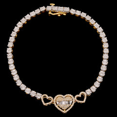10k Yellow Gold Women 0.8CTW Baguette Diamond Heart Tennis Bracelet 7.6g 7Inch