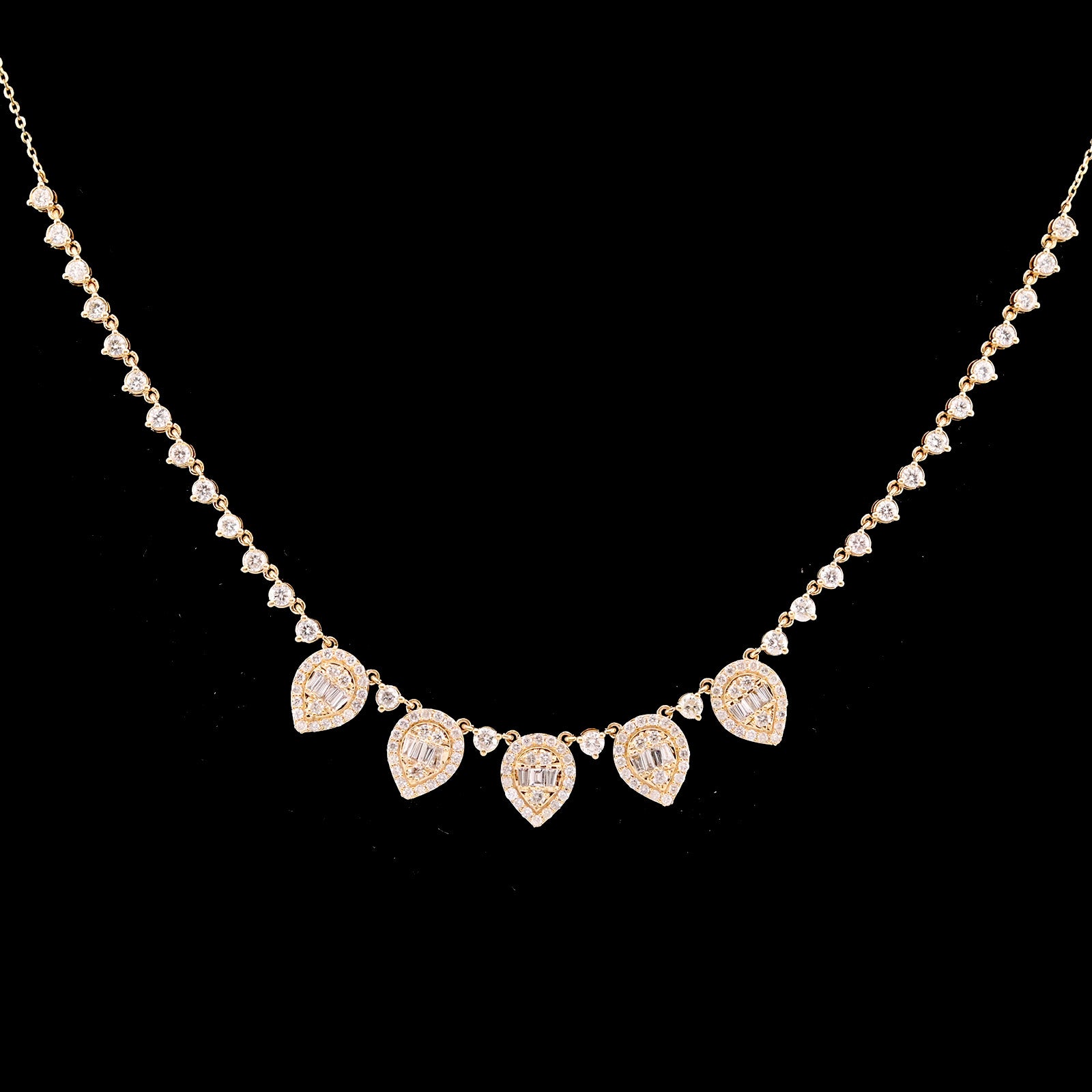 5.4gms 10k Yellow Gold 2CT Diamond Teardrop Baguette Charm Tennis Necklace Chain