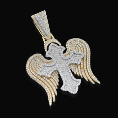 10k Two Tone Gold 4.3CTW Natural Diamond 3D Angel Wings Cross Pendant 21g Charm