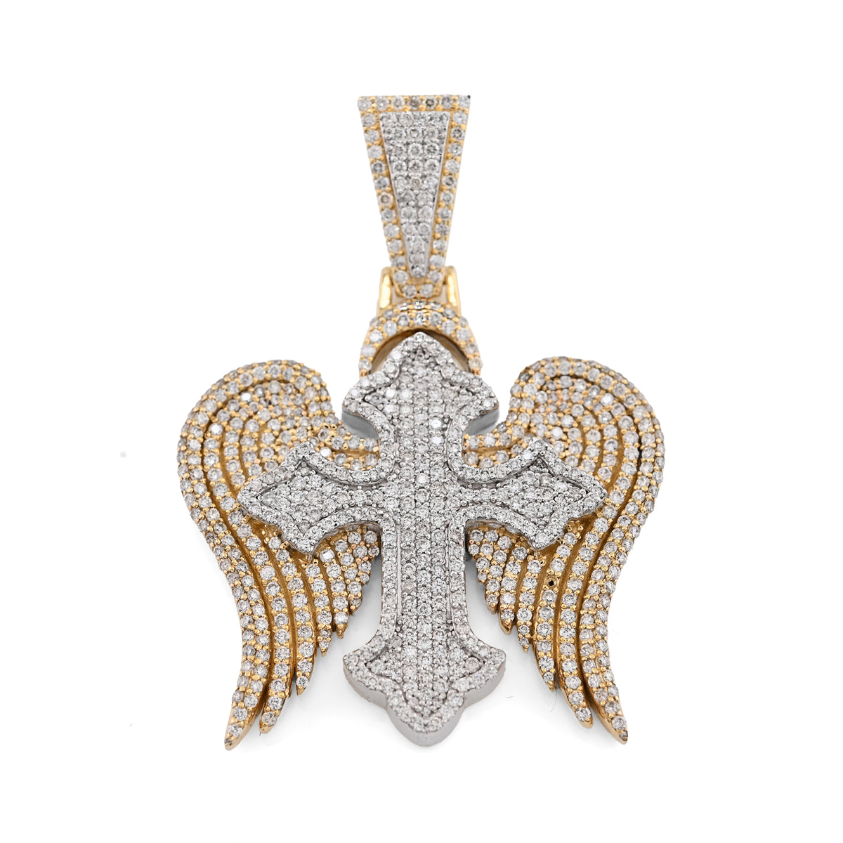 10k Two Tone Gold 4.3CTW Natural Diamond 3D Angel Wings Cross Pendant 21g Charm
