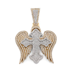 10k Two Tone Gold 4.3CTW Natural Diamond 3D Angel Wings Cross Pendant 21g Charm