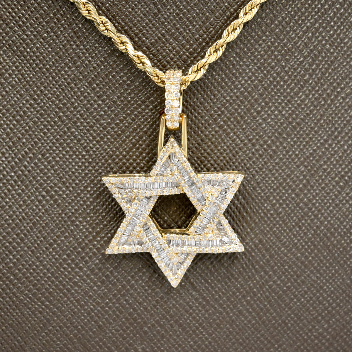 10k Yellow Gold 1CTW Round/Baguette Diamond Six Point Star Pendant 4.4g Charm