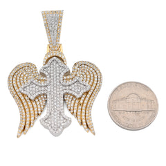 10k Two Tone Gold 4.3CTW Natural Diamond 3D Angel Wings Cross Pendant 21g Charm
