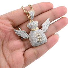 10k Yellow Gold 3.5CTW Natural Diamond Money Bag w/ Wings Pendant 11.6gms Charm