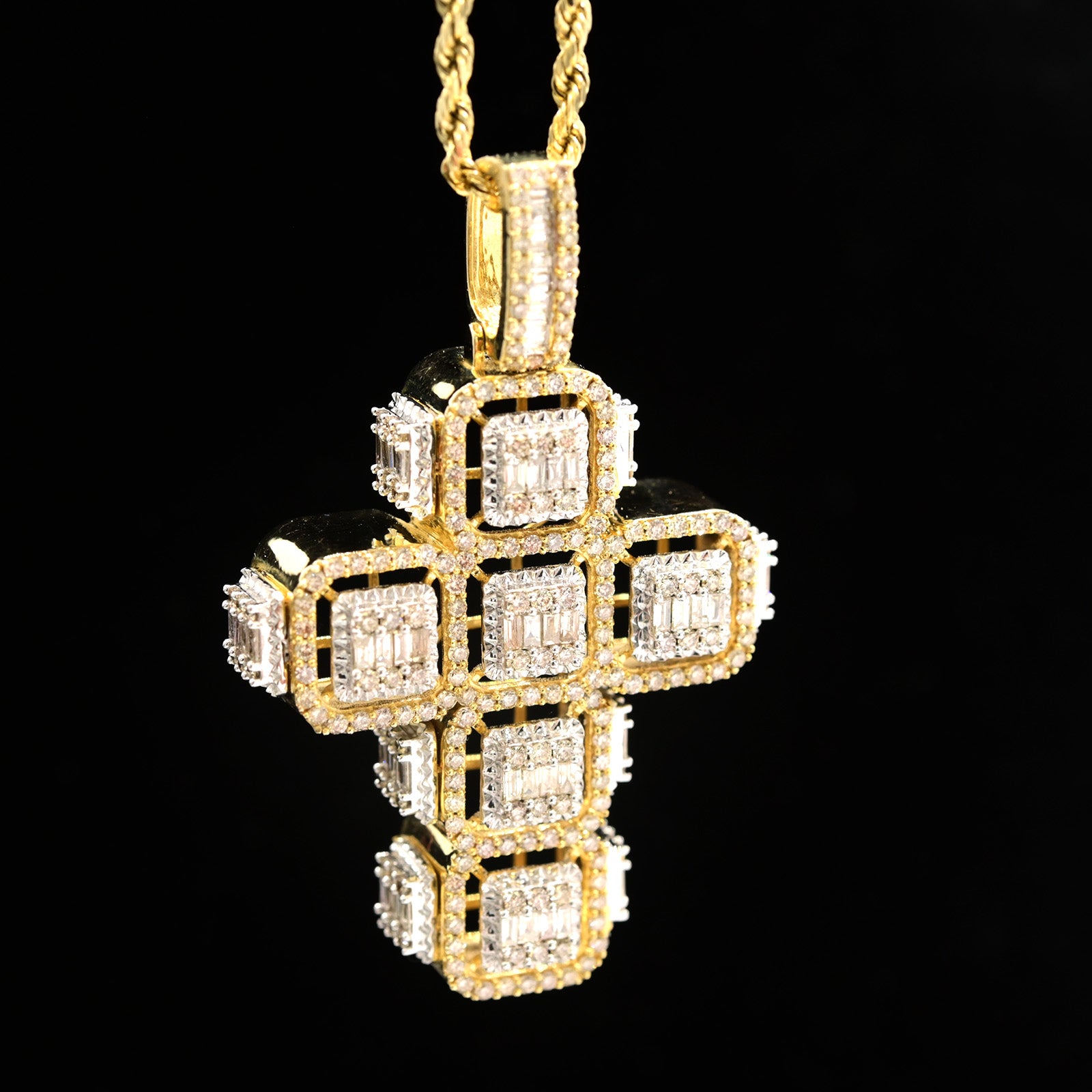10k Yellow Gold 6.5CT Baguette Diamond Cross Cageback Pendant 15.3g Mens Charm