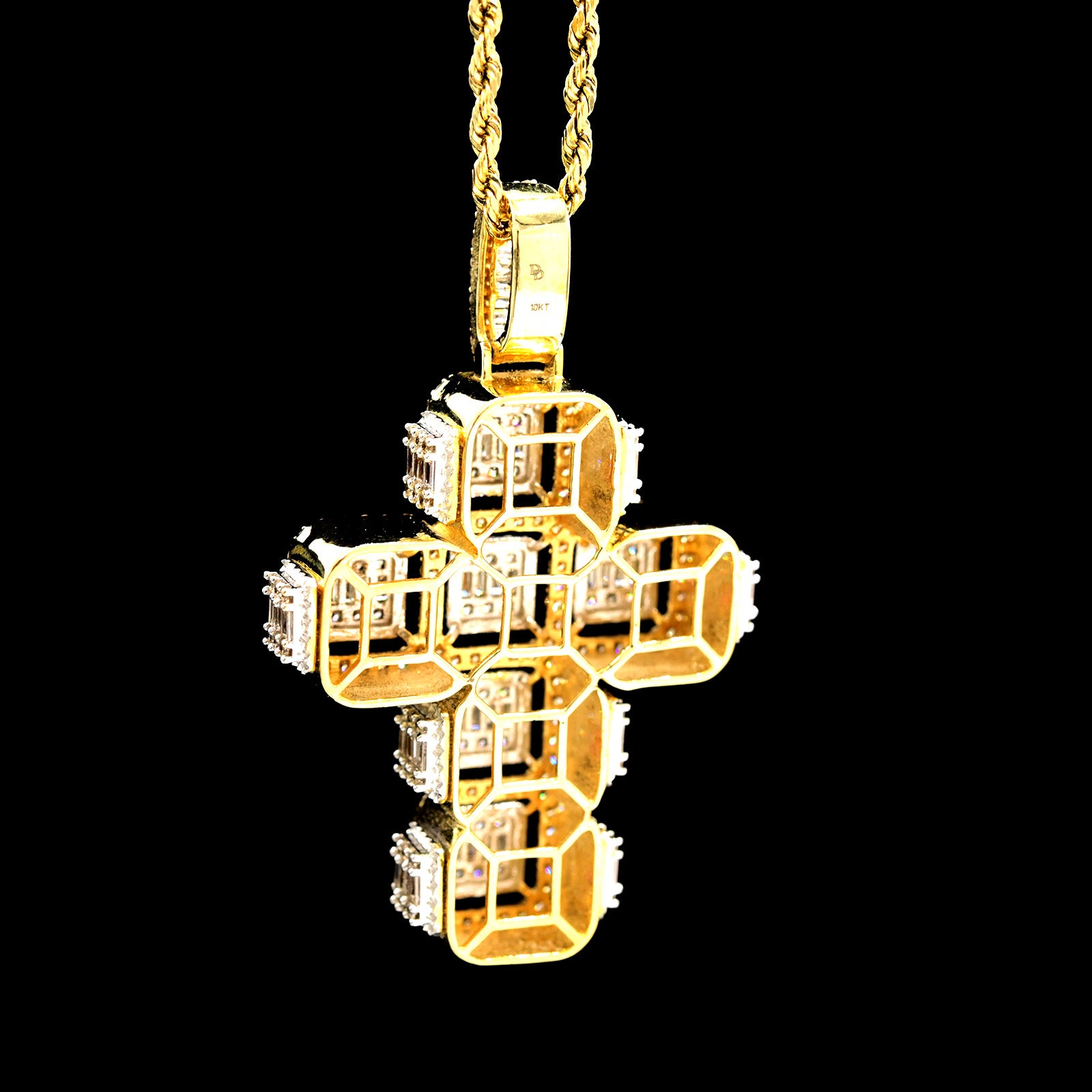 10k Yellow Gold 6.5CT Baguette Diamond Cross Cageback Pendant 15.3g Mens Charm