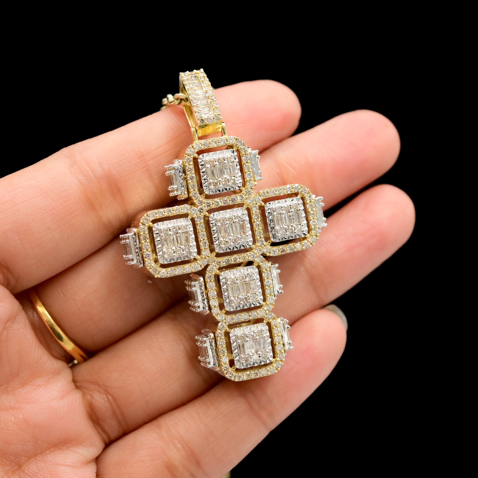 10k Yellow Gold 6.5CT Baguette Diamond Cross Cageback Pendant 15.3g Mens Charm