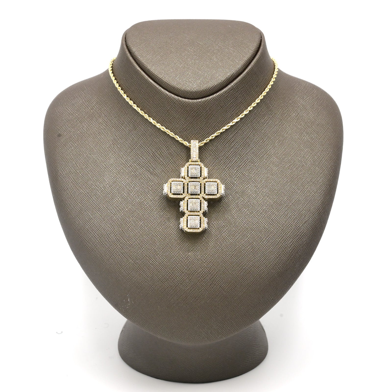 10k Yellow Gold 6.5CT Baguette Diamond Cross Cageback Pendant 15.3g Mens Charm