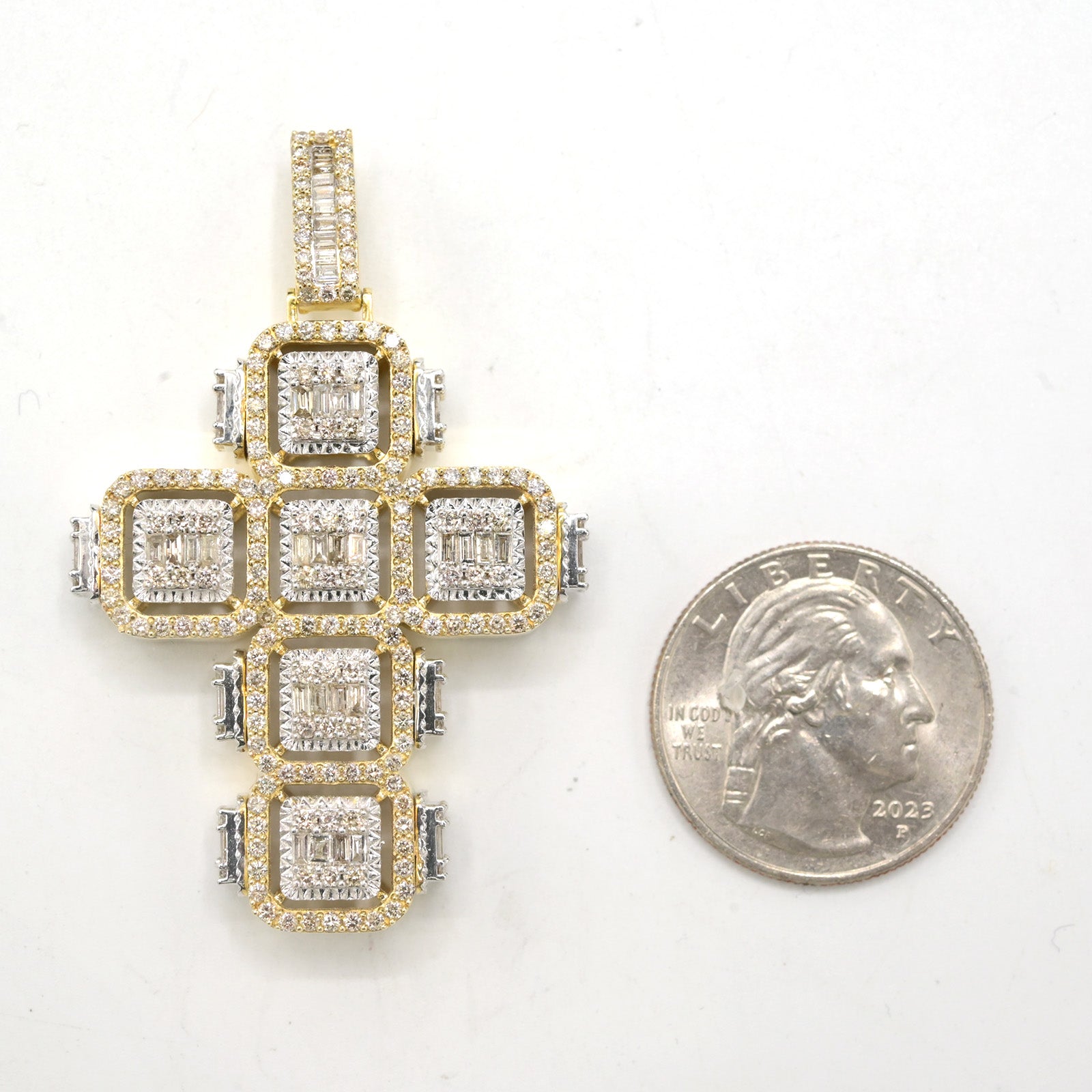 10k Yellow Gold 6.5CT Baguette Diamond Cross Cageback Pendant 15.3g Mens Charm