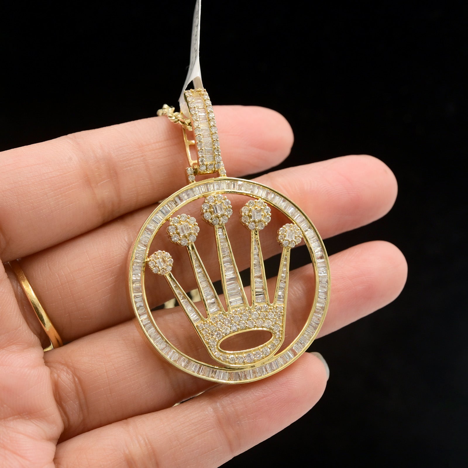10k Yellow Gold 4CT Round/Baguette Diamond Crown Circle Pendant 10.1g Mens Charm