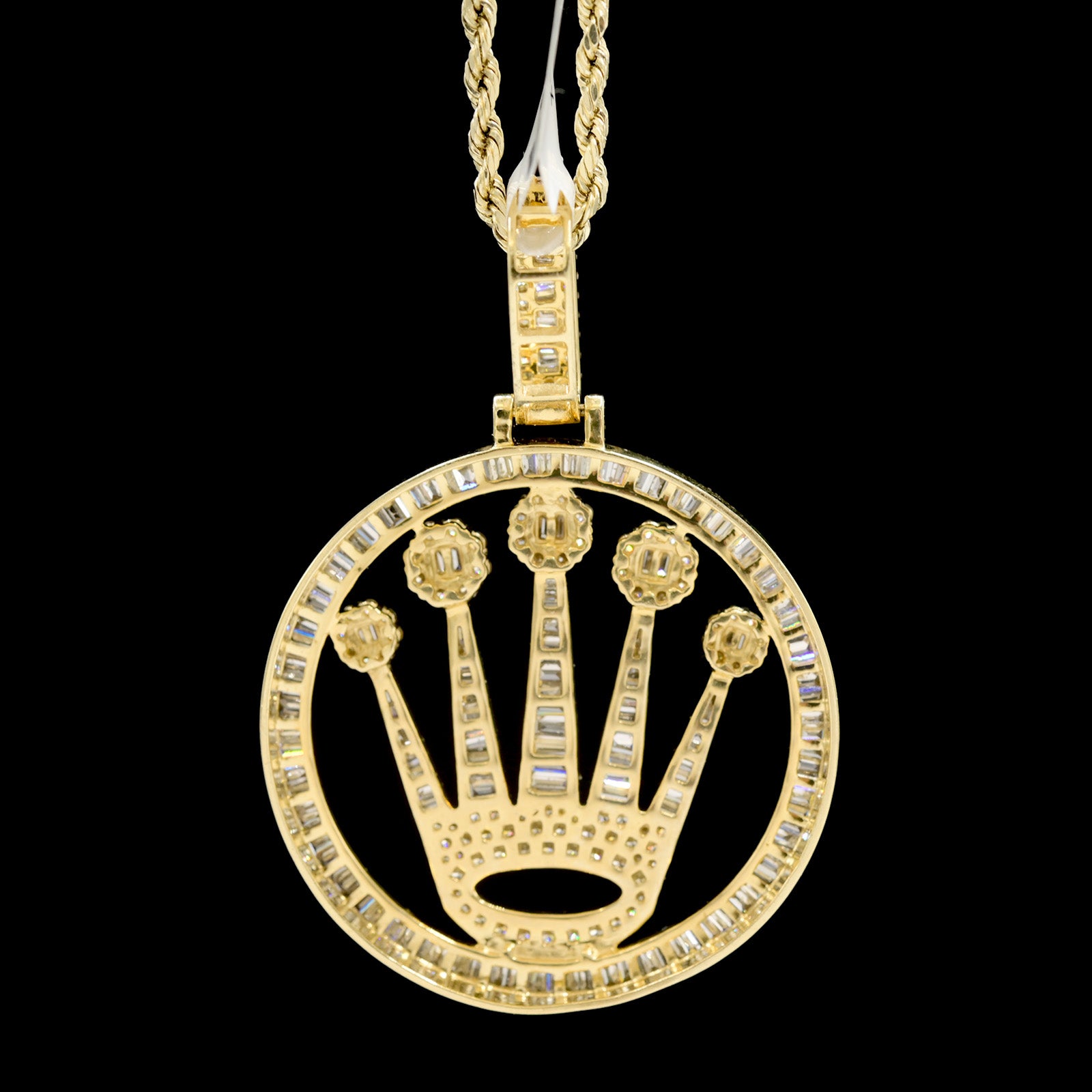 10k Yellow Gold 4CT Round/Baguette Diamond Crown Circle Pendant 10.1g Mens Charm