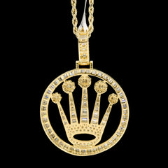 10k Yellow Gold 4CT Round/Baguette Diamond Crown Circle Pendant 10.1g Mens Charm