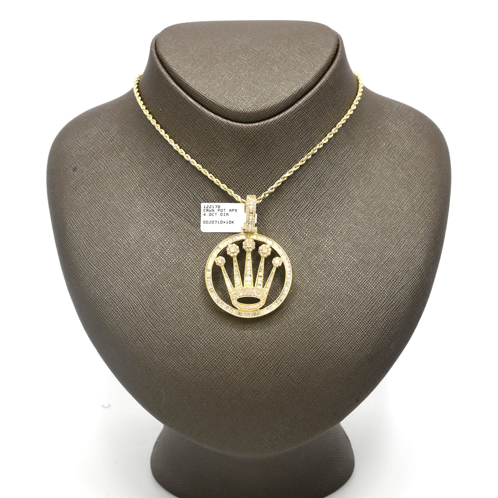 10k Yellow Gold 4CT Round/Baguette Diamond Crown Circle Pendant 10.1g Mens Charm