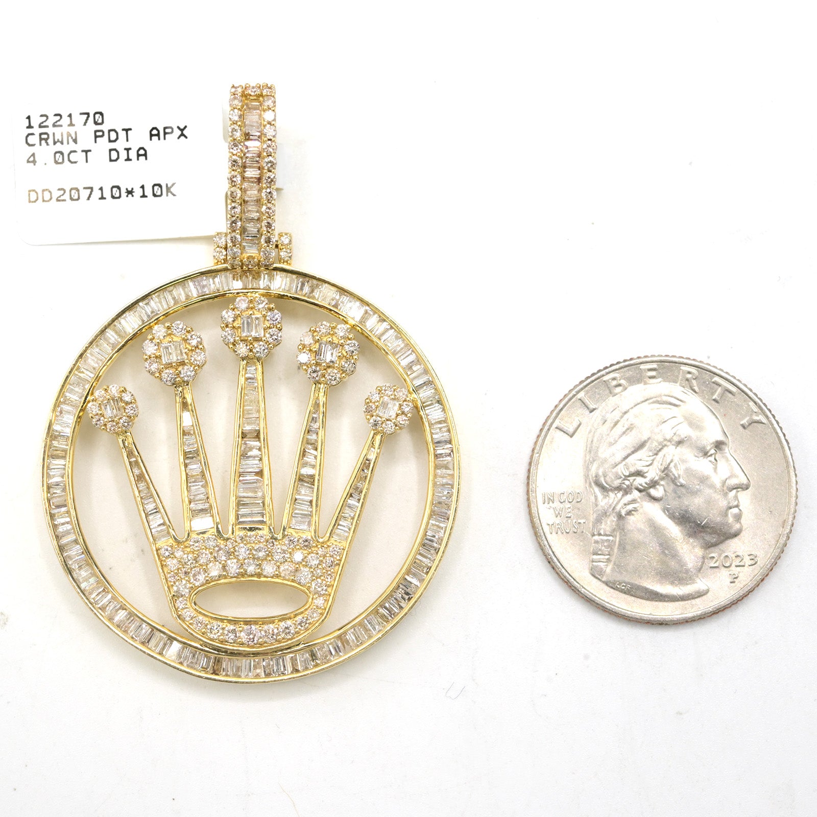 10k Yellow Gold 4CT Round/Baguette Diamond Crown Circle Pendant 10.1g Mens Charm