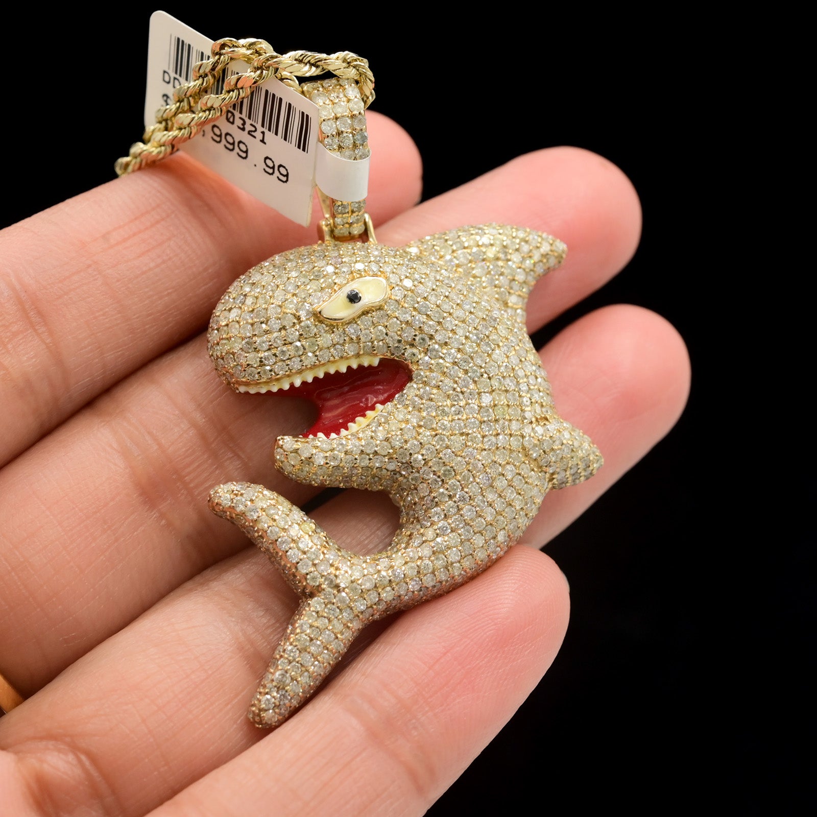 10k Yellow Gold 5CT Diamond Angry Shark Solid Back Pendant 20g Mens HipHop Charm