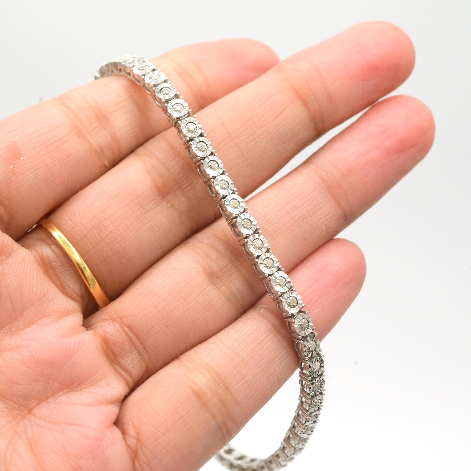 3MM 925 Sterling Silver 0.6CT Natural Diamond 8In Tennis Bracelet 9.7gms Armlet