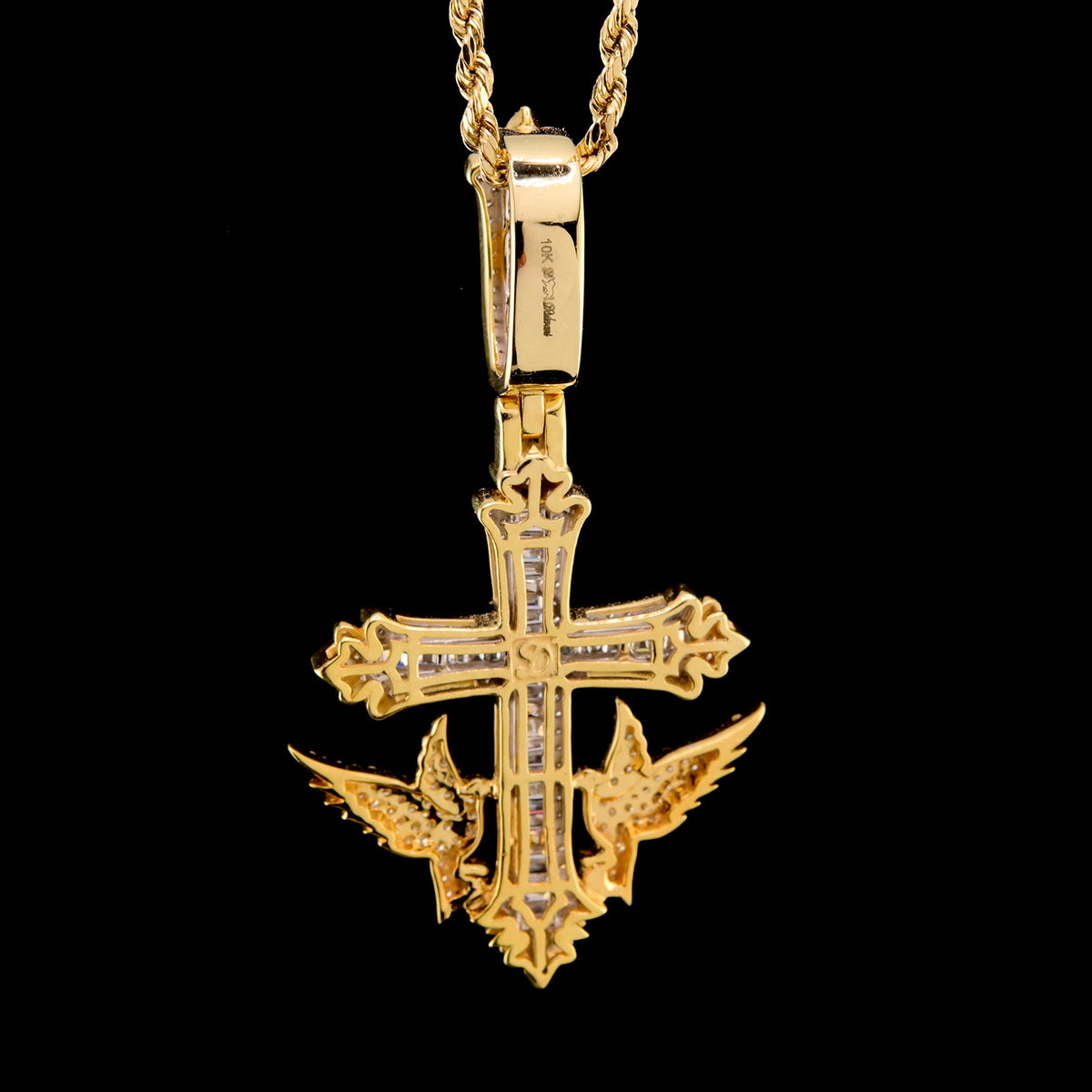 10k Yellow Gold 1.43CTW Round/Baguette Diamond Cross w/ Bird Pendant 8.4g Charm